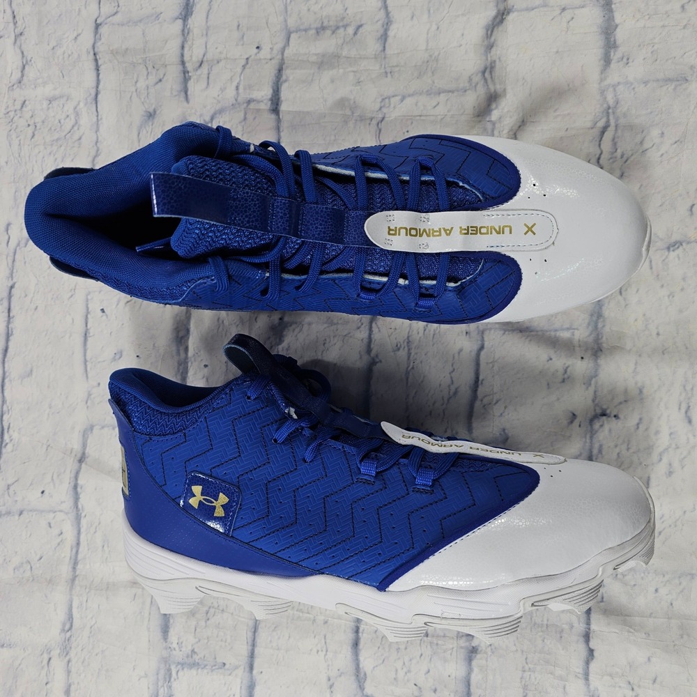 Under Armour Harper 9 RM Baseball Cleats Mens 13 Blue White Gold Mid Top BH Show